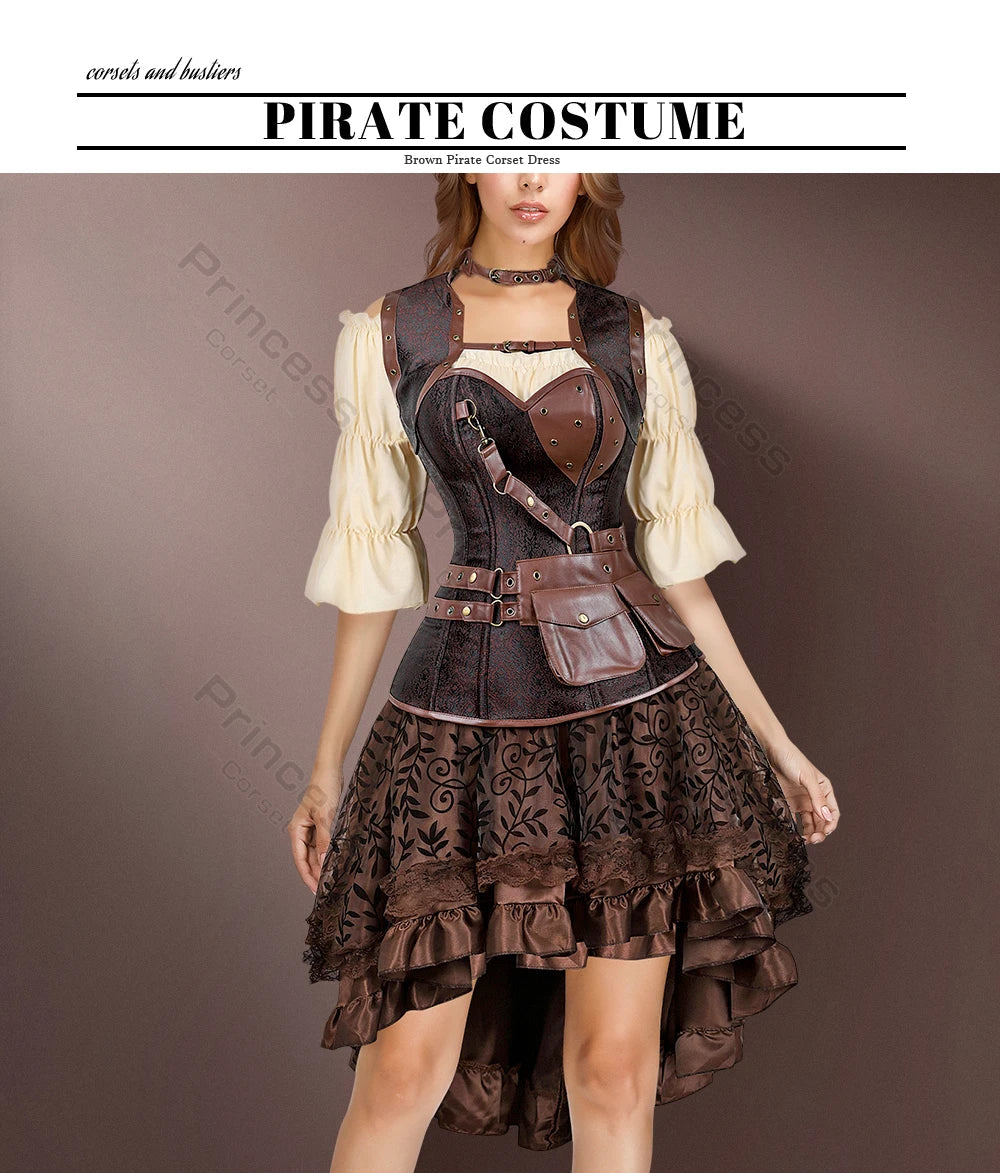 Brown Pirate Dress Plus Size Faxu Leather Steampunk Corset Dress with Shoulder Off Blouse Cosplay Pirate Costume for Women SS69