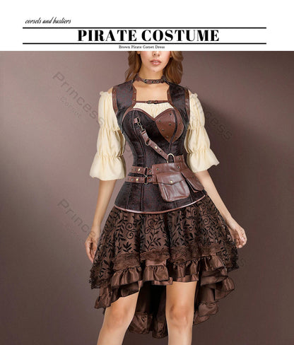 Brown Pirate Dress Plus Size Faxu Leather Steampunk Corset Dress with Shoulder Off Blouse Cosplay Pirate Costume for Women SS69