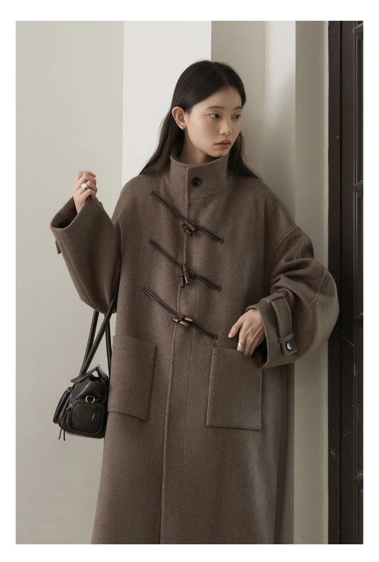 CHIC VEN Women Long Woolen Coats Single Breasted Loose Stand Collar Cow Horn Buttoned Office Ladies Overcoat Autumn Winter 2026