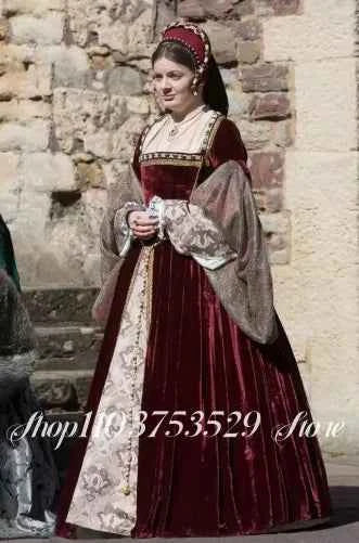 Velvet Evening Gown Victorian Tudor Queen Elizabeth Costume Historical Renaissance Ball Gown Anne Boleyn Red Dress