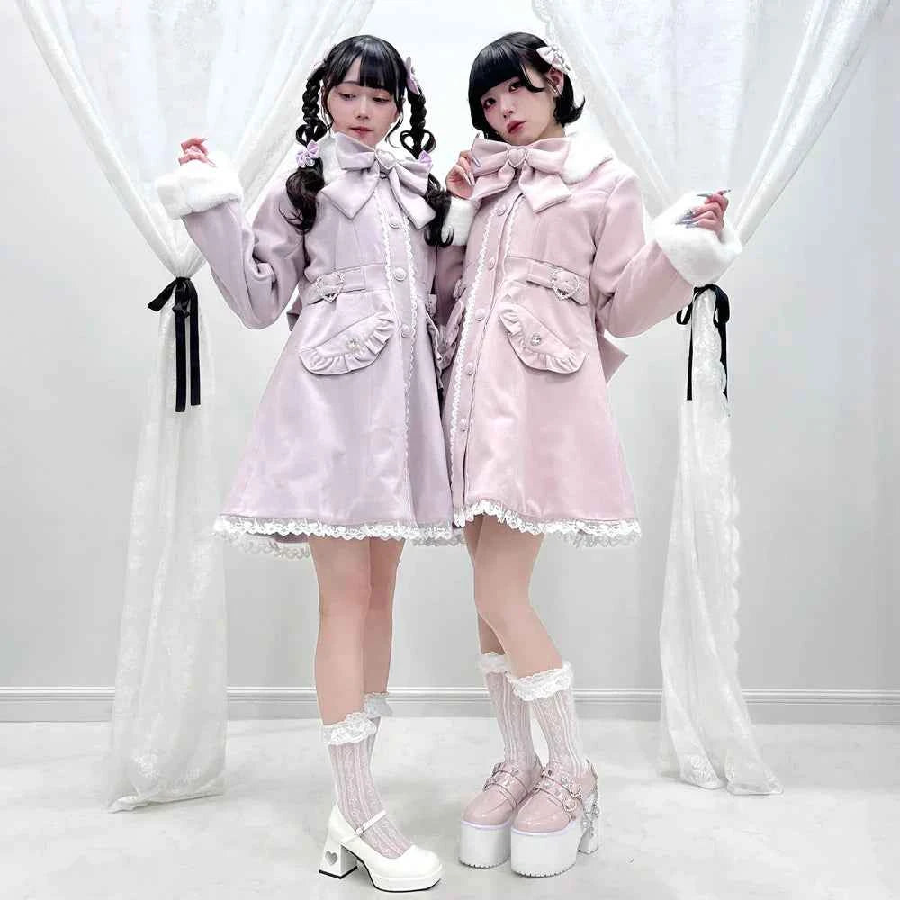 Japanese Sweet Winter Woolen Coat Lolita Style Cute Big Bow Fungus Edge Long Sleeve Slim Kawaii Girls Women Elegant Overcoat