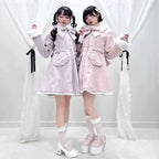 Japanese Sweet Winter Woolen Coat Lolita Style Cute Big Bow Fungus Edge Long Sleeve Slim Kawaii Girls Women Elegant Overcoat