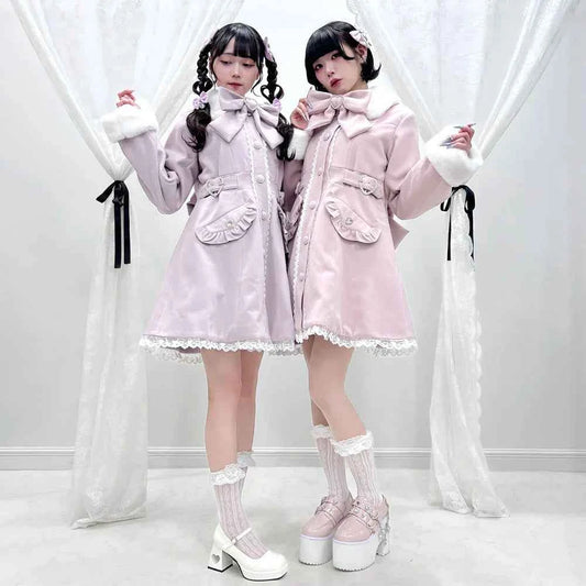 Japanese Sweet Winter Woolen Coat Lolita Style Cute Big Bow Fungus Edge Long Sleeve Slim Kawaii Girls Women Elegant Overcoat