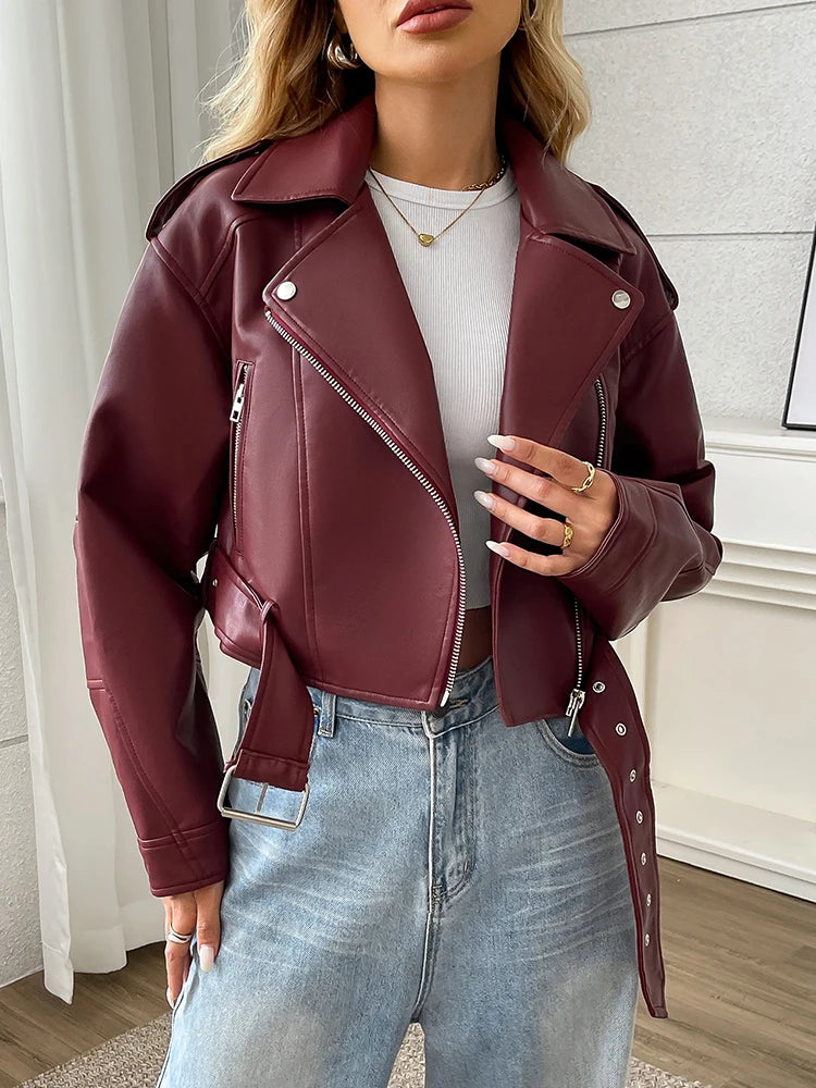 Ailegogo Women's Faux Leather Moto Jacket with Belt