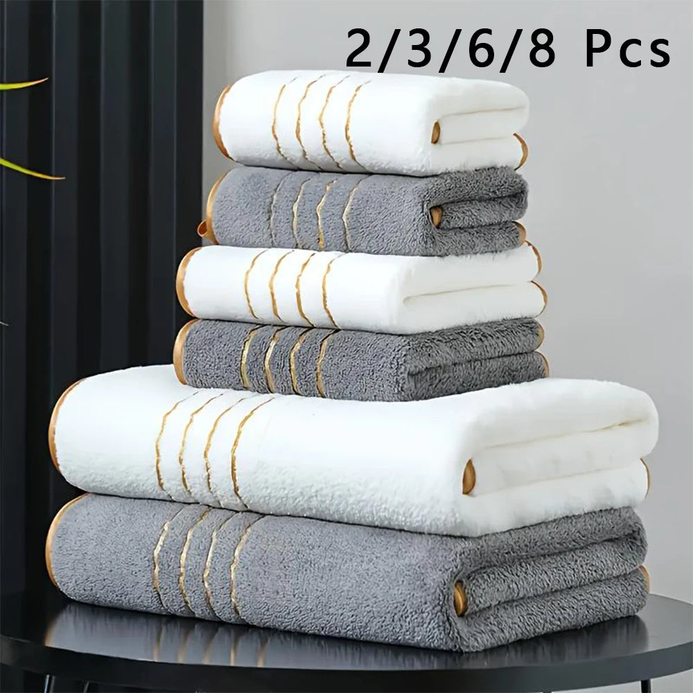 2/3/6/8 Pcs Bath Towel Set White & Gray with Gold Accents, Soft Absorbent Premium Towels for Home, Hotel & Bathroom