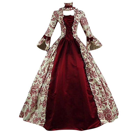 Women Lace-Up Medieval Dress Ruffles Bow Vintage Victorian Carnival Maxi Dress Patchwork Floral Female Fairy Long Dress SS69 39.69 Red / L / United States