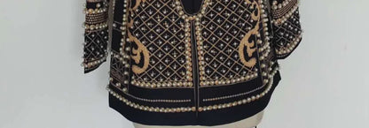 Pearl Embroidery Female Jacket, Full Sleeve Slim Jackets, V Neck, Hidden Button Print Suit, Large Size, Fall Fashion SS69
