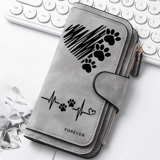 ZeAiLi Long PU Leather Clutch Wallet with Animal Paw and Butterfly Print