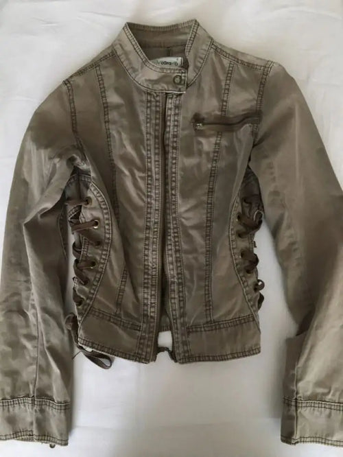 Y2K Retro Army Green Zipper Jacket Women Harajuku Sexy Slim Fit Denim Jacket Autumn Winter Short Stand Collar Coat Goth Clothing