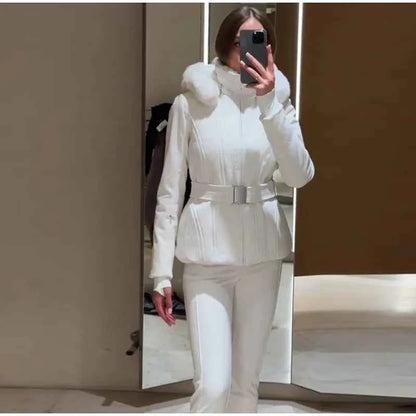 Fashion Solid Warm Ski Suit Women's Hood Fur Trim Full Sleeves Belt Coats High Waist Pants 2025 Winter Lady Windproof Tracksuit