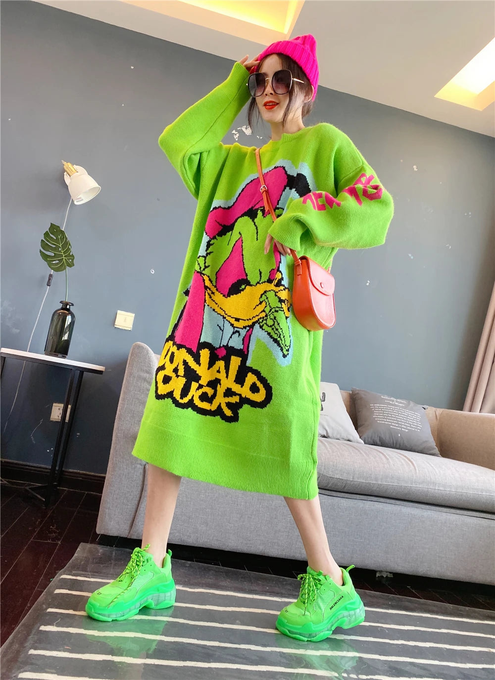 Korean Long-Sleeved Pullover Sweater Loose Fashion Women Autumn Winter Cartoon Embroidered Thickened Long Section Knitted Top SS69