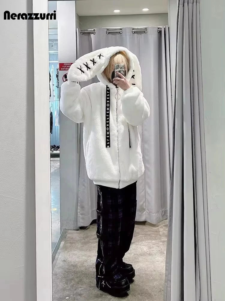 Nerazzurri Winter Sweet Cute Kawaii Soft Thick Warm White Faux Fur Coat Women with Bunny Ears Cute Fluffy Jacket Hoodie 2024 SS69