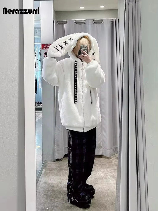 Nerazzurri Winter Sweet Cute Kawaii Soft Thick Warm White Faux Fur Coat Women with Bunny Ears Cute Fluffy Jacket Hoodie 2024 SS69
