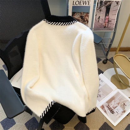 Vintage Elegant Plaid Knitted Cardigan Sweater For Women 2025 Autumn Winter Long Sleeve V-neck Tops Knitwear Fashion Chic Jumper SS69