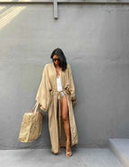 Solid Beach Cover Up Women Self Belted Wrap Kimono Dress Swimsuit 2025 New Robe Summer Beachwear Factory Supply