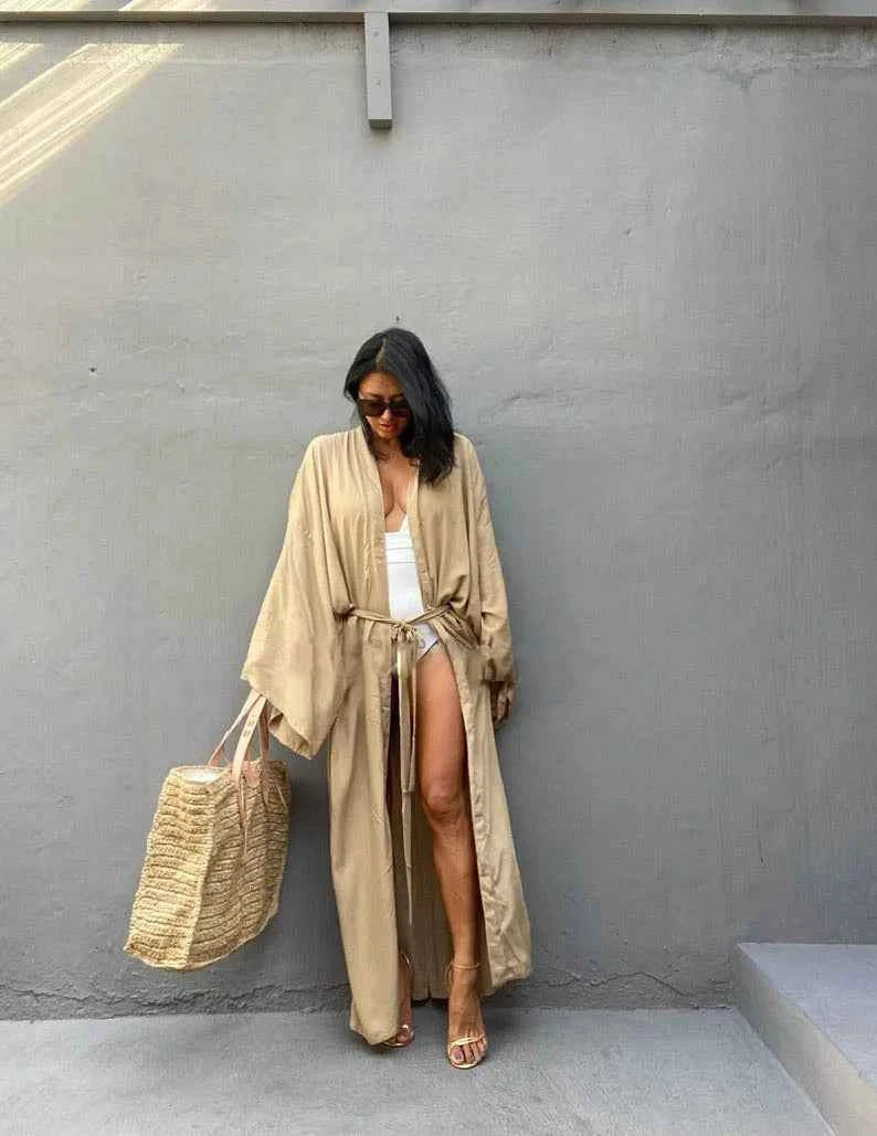 Solid Beach Cover Up Women Self Belted Wrap Kimono Dress Swimsuit 2025 New Robe Summer Beachwear Factory Supply