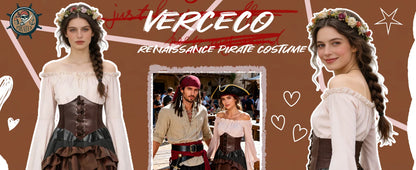Verceco Pirate Costume Women Outfit with Renaissance Pirate Shirt Skirt Corset Waist Belt Womens Halloween Pirate Costumes