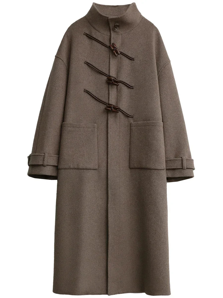 CHIC VEN Women Long Woolen Coats Single Breasted Loose Stand Collar Cow Horn Buttoned Office Ladies Overcoat Autumn Winter 2026