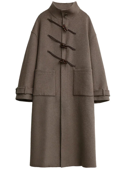 CHIC VEN Women Long Woolen Coats Single Breasted Loose Stand Collar Cow Horn Buttoned Office Ladies Overcoat Autumn Winter 2026