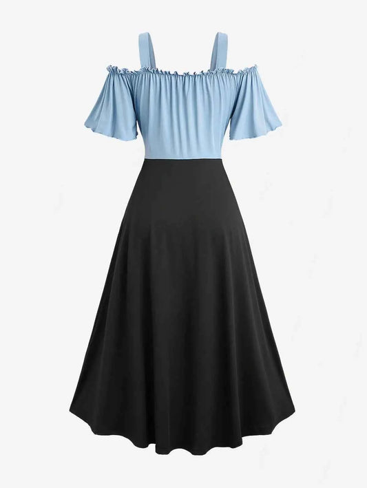 ROSEGAL Plus Size Women's Dress New Cold Shoulder Ruched Ruffles Colorblock Patchwork Lace Up Belted Vintage Corset Dresses Robe