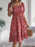 Summer Women's Beach Dress Floral 3D Print Square Neck Short-Sleeved Ladies Waist Ruffled A-Line Dress For Women Holiday Dresses