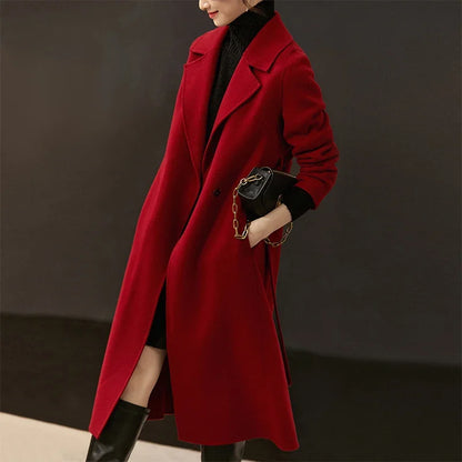SENTUBILA Women 100% Wool Long Wrap Coat 2026 Elegant Notched Collar Belted Warm Double Faced Woolen Winter Overcoat W24O43352