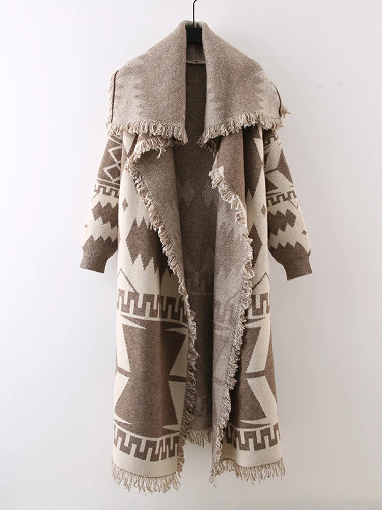 DEAT 2026 Autumn Women's Vintage Cardigan Tassel Edge Contrast Color Long Coat Large Lapel Long Sleeve Female Coat New 15C633