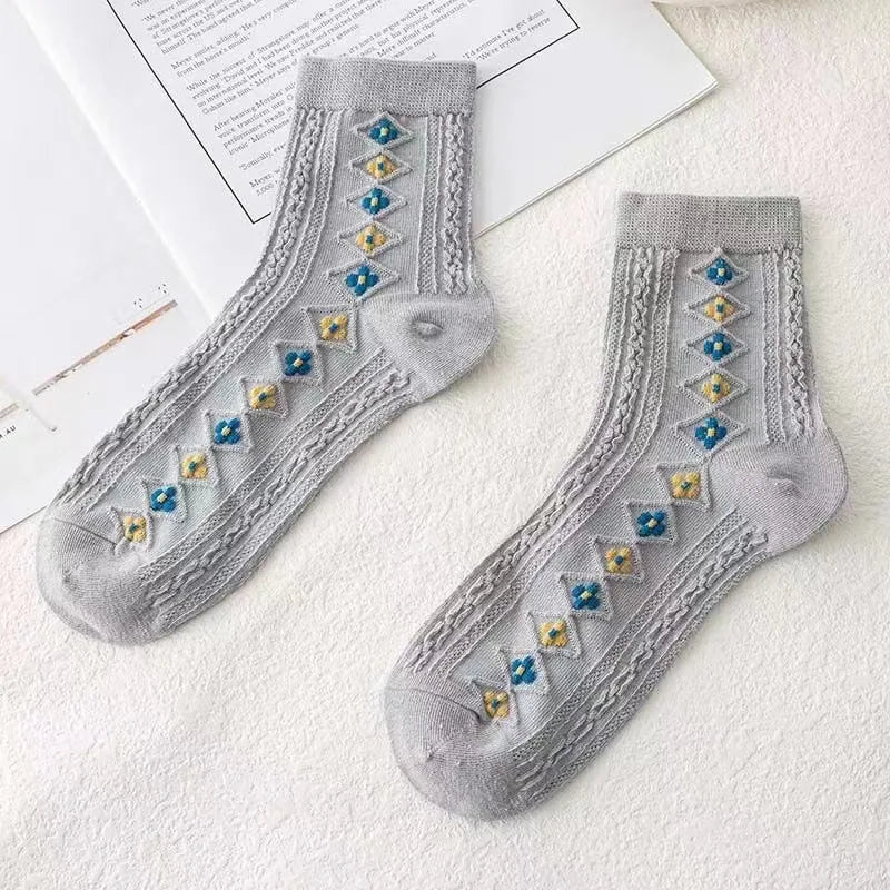 Fashion Harajuku Retro Floral Vintage Socks Woman Novelty Ethnic Elegant Cotton Casual Breathable Ladies Girls Dress Sox Autumn SS69 8.69 LYYZ2H2 / 35 - 40