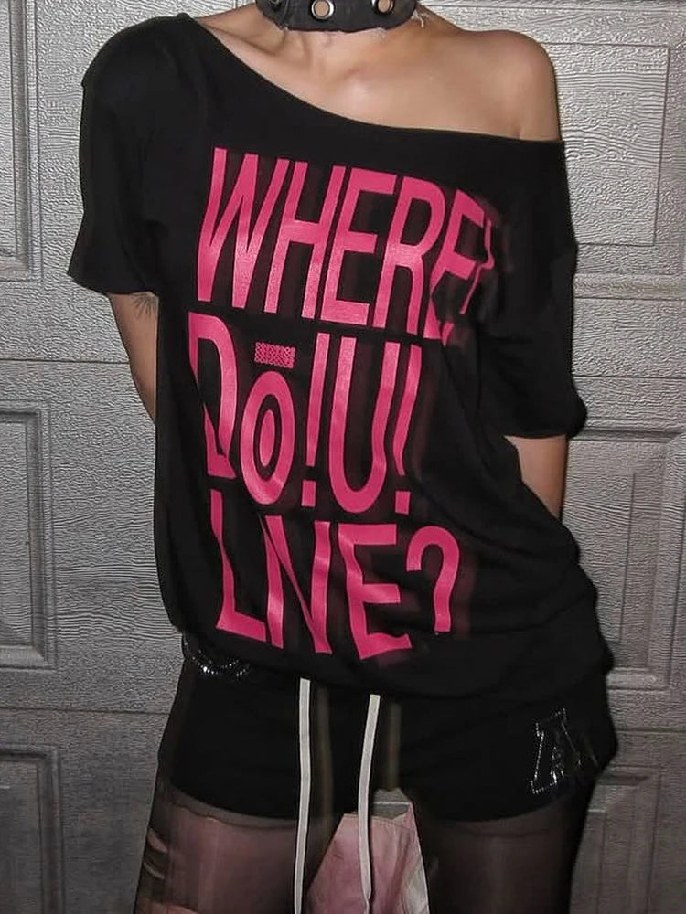 Nibber 2026 Summer New Trend Letter Print t-Shirt Women Skew Collar Leisuremusic Festival Hottie High Street Classic Clubwear