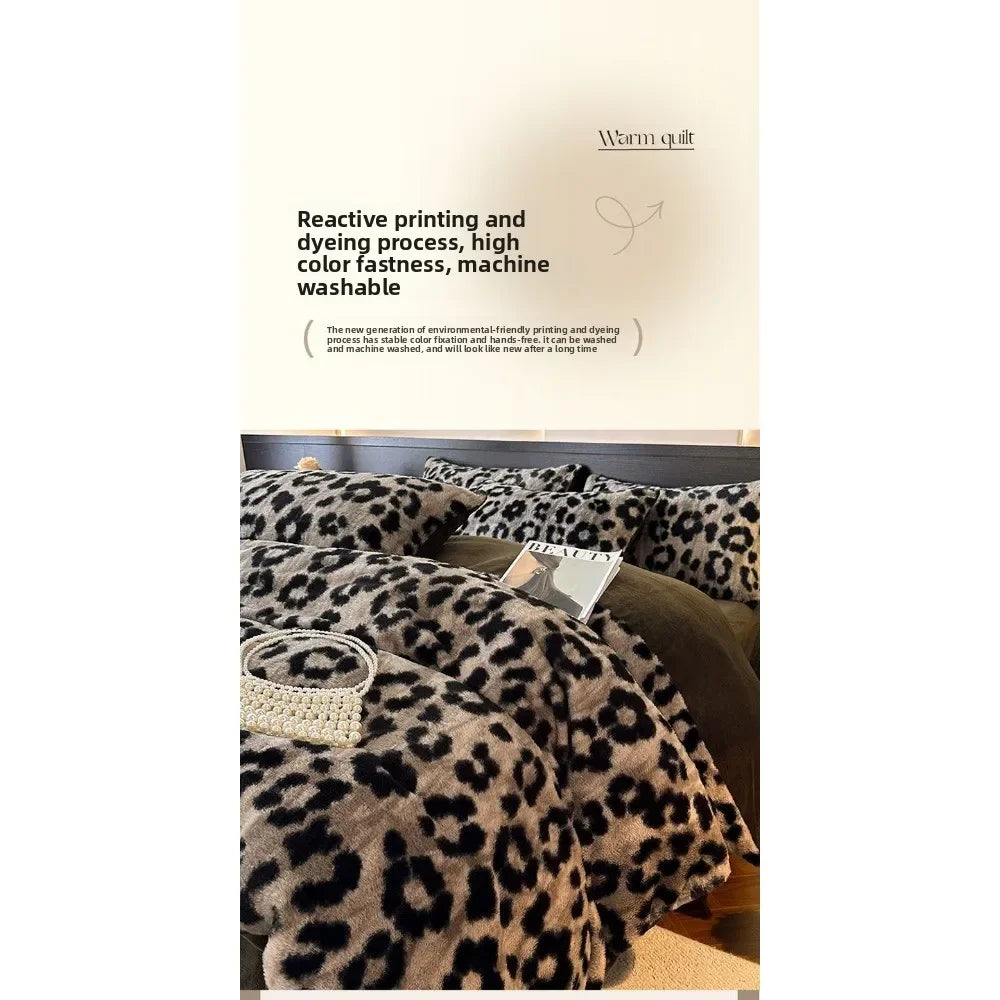 Leopard Print Plush Quilt Cover Set - Warm Coral Fleece