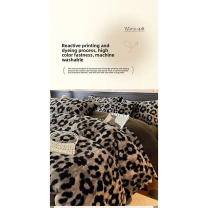 Four-piece Set Thickened Thermal Fleece Flange Coral Fleece Class A Leopard Print Rabbit Plush Quilt Cover Pillowcase Bed Sheet