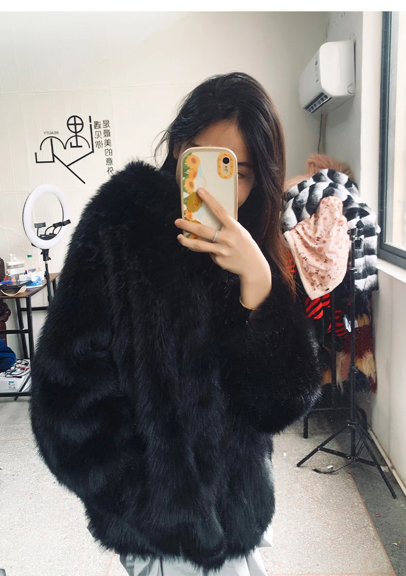 Nerazzurri Women's Faux Fur Coat with Hood - Warm & Fluffy