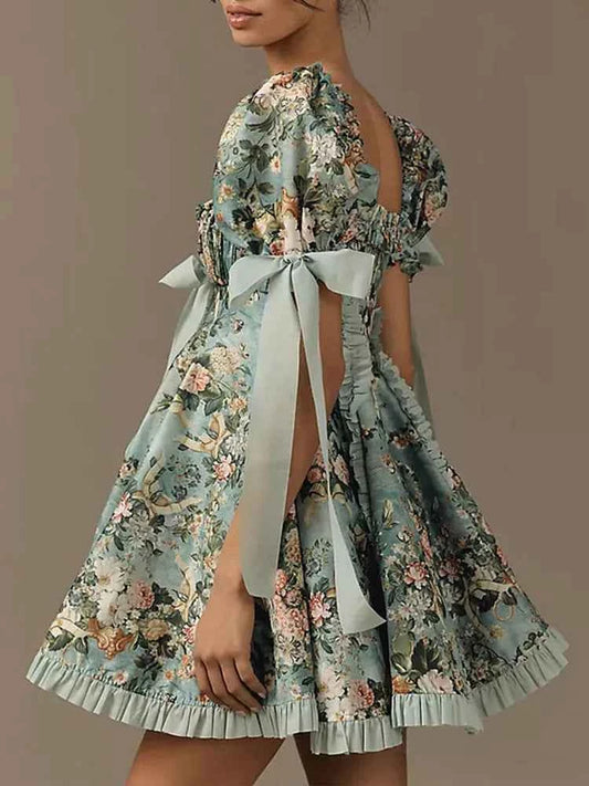 New Plus Size Women's Lace Square Collar Mini Dress With Floral Print Lantern Short Sleeves Dress Party Elegant Evening Dresses