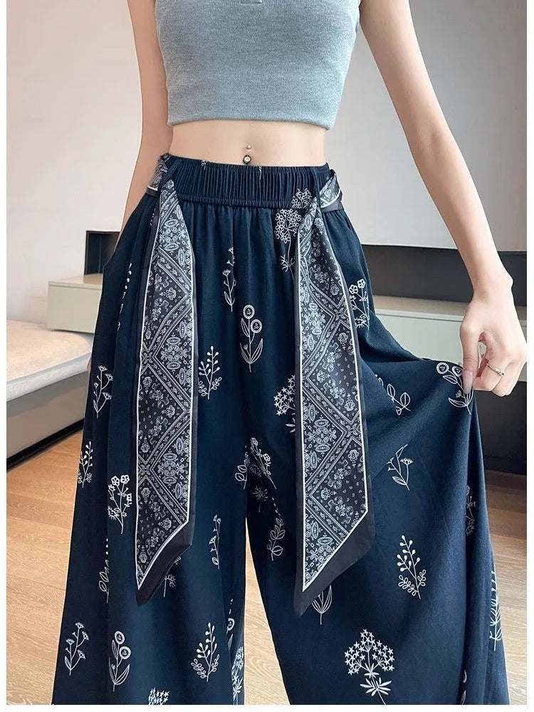 Women's Floral Print Wide Leg Pants - High Waist Casual Trousers