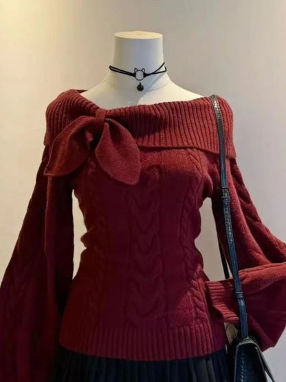 Winter Sweet Kawaii Patchwork Sweater Women Japanese Fashion Vintage Hot Girl Knitted Tops Y2k Elegant Cute Bow Pullover New