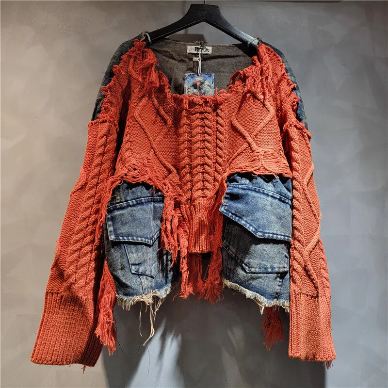 [EWQ] Vintage Long Sleeve Denim Pockets Patchwork V-Neck Orange-red Sweater Loose Tops Old Designs Women Pullover Knitted 6U1329 SS69
