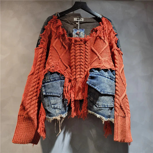 [EWQ] Vintage Long Sleeve Denim Pockets Patchwork V-Neck Orange-red Sweater Loose Tops Old Designs Women Pullover Knitted 6U1329 SS69