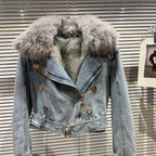 Winter Women Denim Coat Jacket Fox Collar Short  Warm High Street Outerwear Thicken Coat High Quality Luxury Design Party Wear