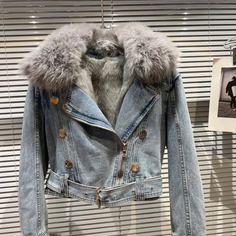 Winter Women Denim Coat Jacket Fox Collar Short  Warm High Street Outerwear Thicken Coat High Quality Luxury Design Party Wear