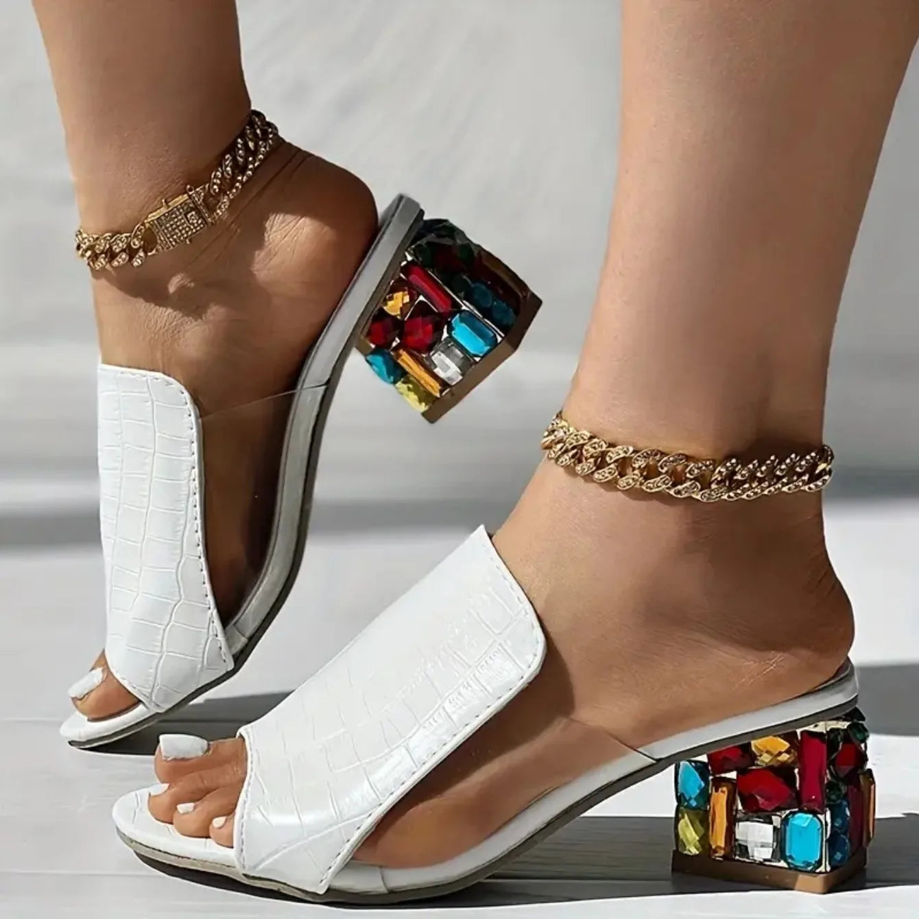 Women Crystal Sandals 2024 New Spring Summer Open Toe Sandals Square Heels Beach Fashion Sandals Women Sandalias De Mujer SS69