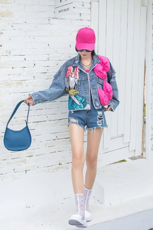 Fashion Brand Jeans Coat Women's Spring Autumn New Heavy Industry Cartoon Sequins Chaqueta High Street Loose-Fitting Denim Coats SS69
