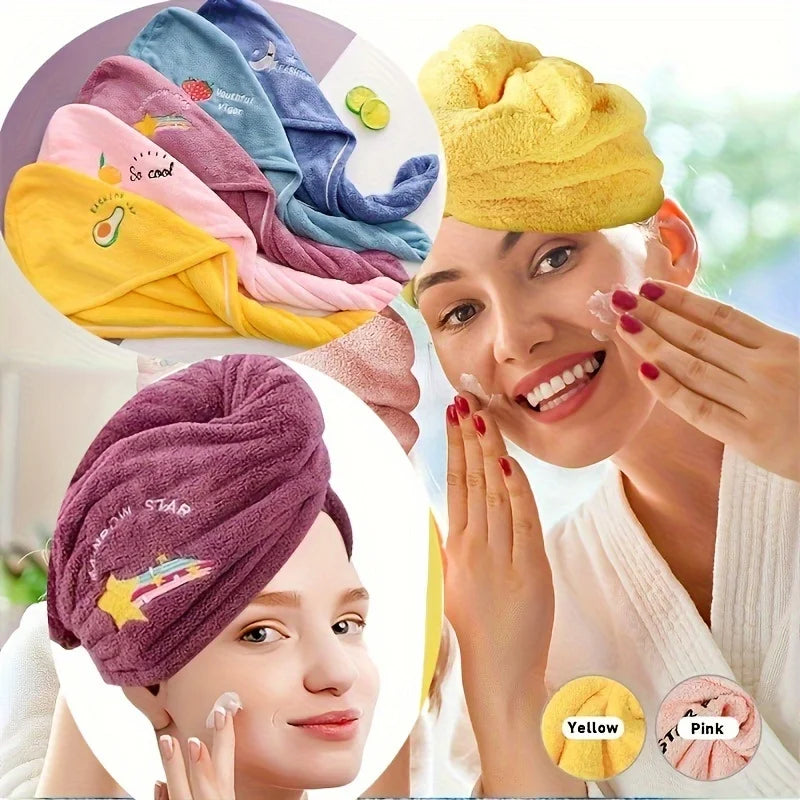 2pc Quick-Dry Super Absorbent Magic Microfiber Hair Drying Towel,Shower Cap & Turban,Soft Polyester Bath Hat with Button Closure