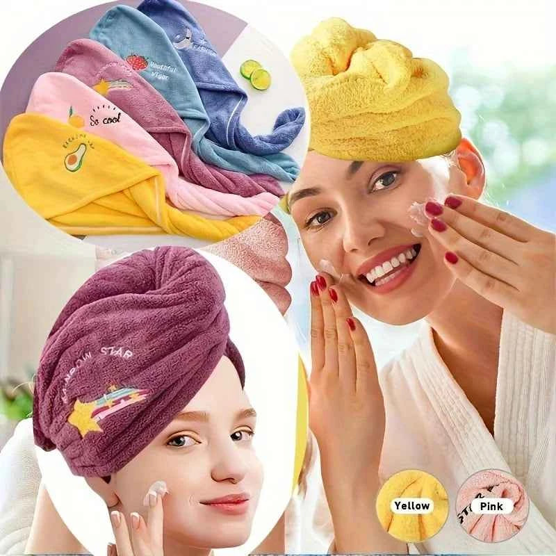 2pc Quick-Dry Super Absorbent Magic Microfiber Hair Drying Towel,Shower Cap & Turban,Soft Polyester Bath Hat with Button Closure
