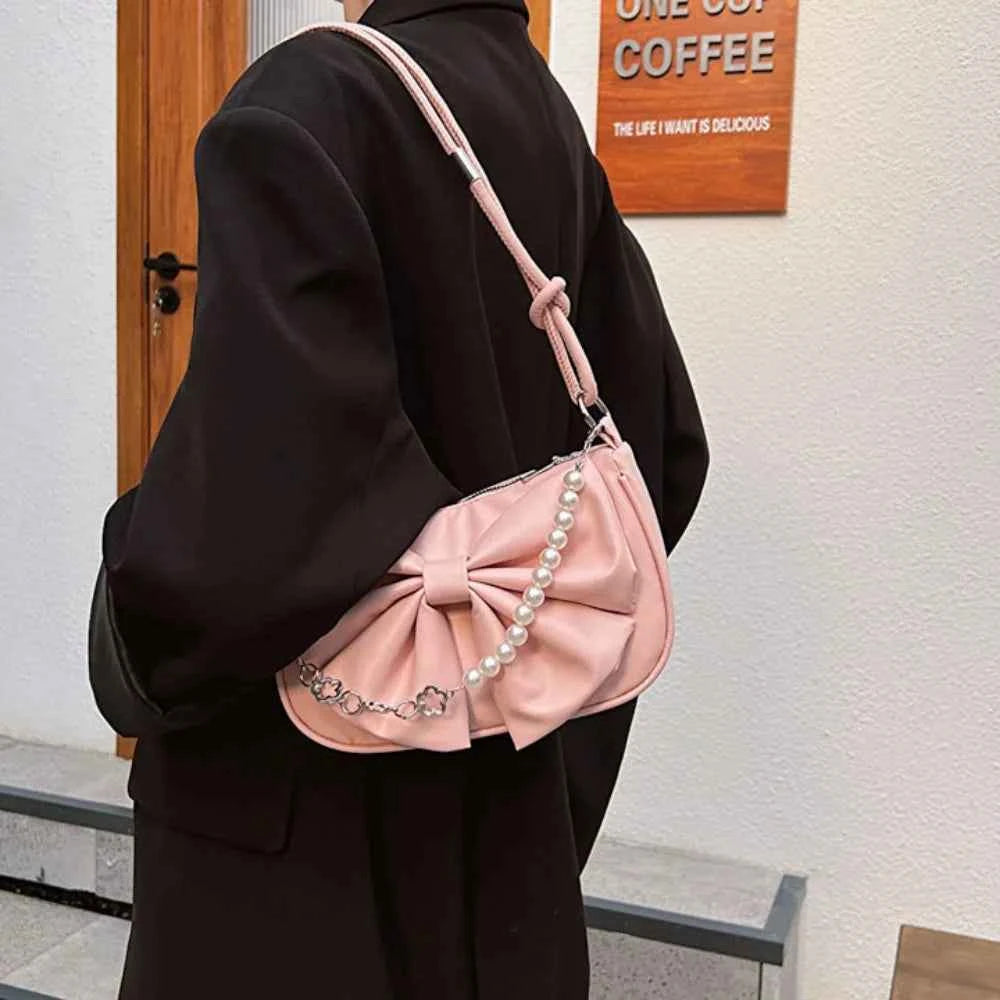 Trendy Pearl Bow Shoulder Bag Underarm Bag Daily Commuting Bag Casual Handbag Solid Business Women's Bag