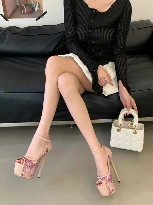Eilyken Street Style Print Flower Buckle Strap Platform Sandals Women Sexy Stiletto Heels Nightclub Stripper Shoes Zapatos Mujer