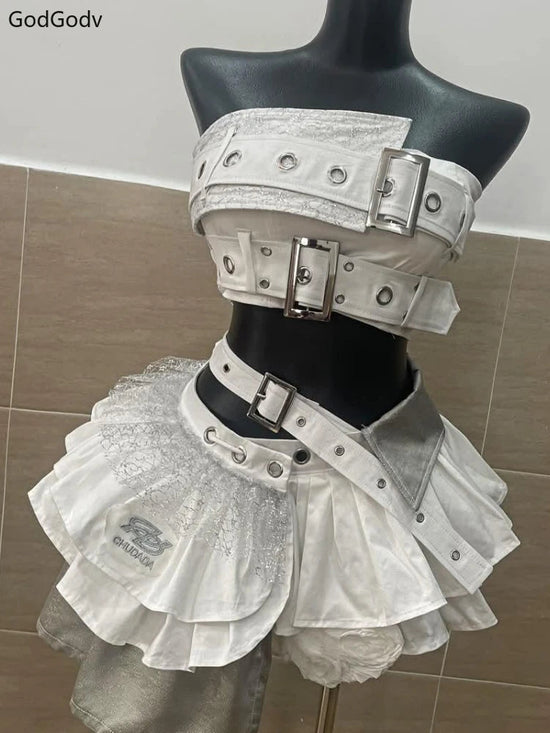 Summer Vintage Elegant Y2K Woman 2 Piece Sets Punk Gothic Strapless Crop Tops +High Waist Ruffle Skirt Female Party Outfits 2025 SS69