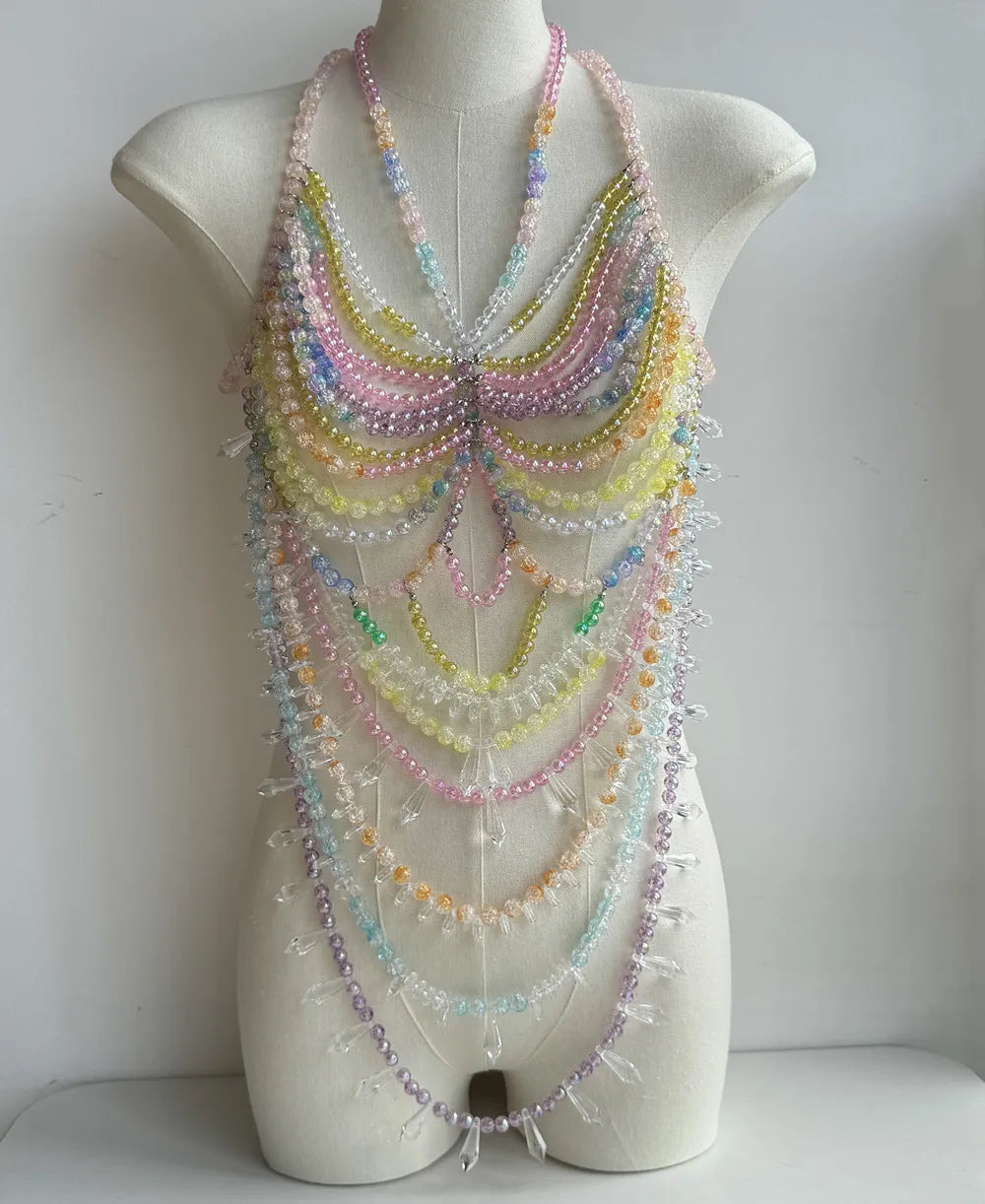 Ladies Body Chain Beading Camisole Vest Hollow Out Top Body Jewelry Exaggerated Pearl Neck Bustier Fashion Bra Women Club Rave SS69