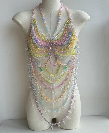 Ladies Body Chain Beading Camisole Vest Hollow Out Top Body Jewelry Exaggerated Pearl Neck Bustier Fashion Bra Women Club Rave SS69