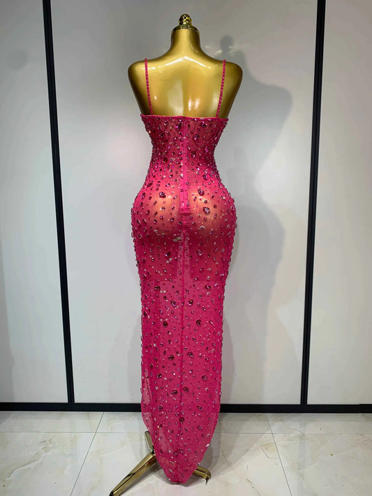 Luxury Rhinestones Sexy Mesh See Through Bodycon Dress Women Birthday Evening Cocktail party Gown Red Carpet Club Stage Outfit