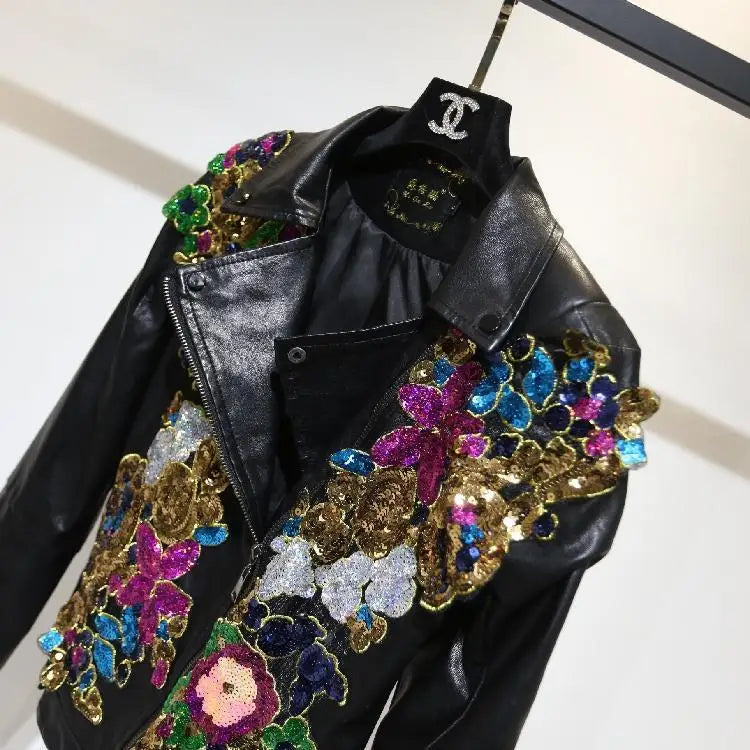 Chic Floral Sequined Embroidery Faux Leather Jacket Short Locomotive PU Coat Diamonds Beaded Turn Down Collar Zippers Streetwear SS69